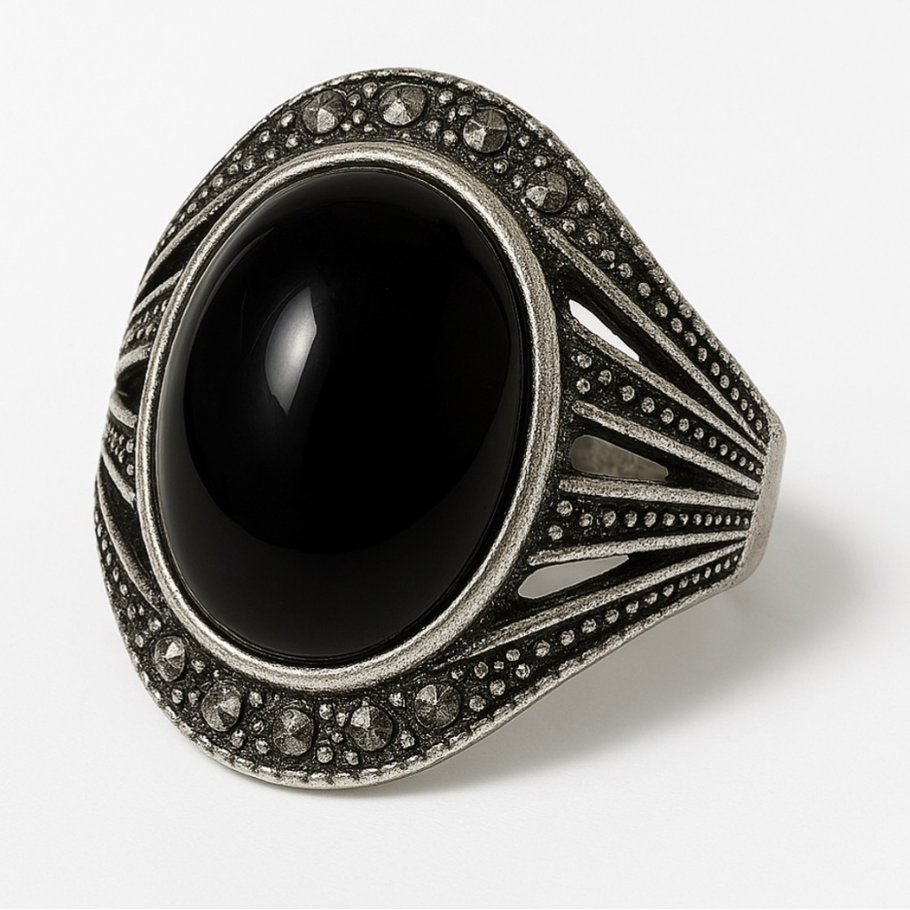 New Onyx and Silver Ring with Rhinestones